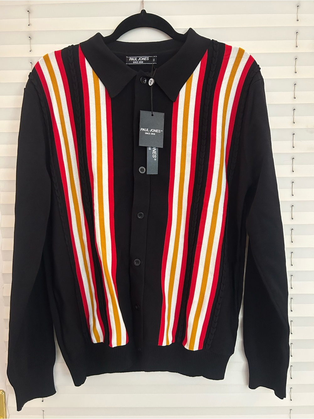 NWT PAUL JONES Black Cardigan with Red, White & Mustard Stripes